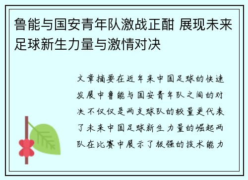 鲁能与国安青年队激战正酣 展现未来足球新生力量与激情对决
